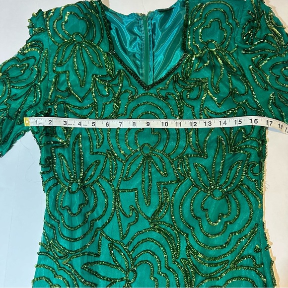 Vtg 80s Floral Sequined Dress Short Sleeve Green - Picture 6 of 8